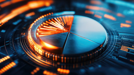 This image showcases a modern data visualization concept with bright orange accents, featuring a circular graphic that represents analytics and performance metrics in technology.の素材