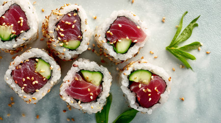 A visually appealing arrangement of fresh sushi rolls filled with tuna and cucumber, topped with sesame seeds, perfect for food enthusiasts and culinary presentations.の素材