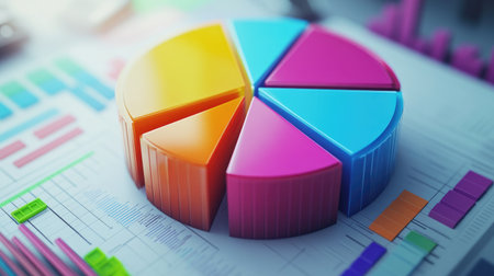 Vibrant pie chart set on a business report background, illustrating key data insights and trends. Perfect for finance and analysis themes.の素材