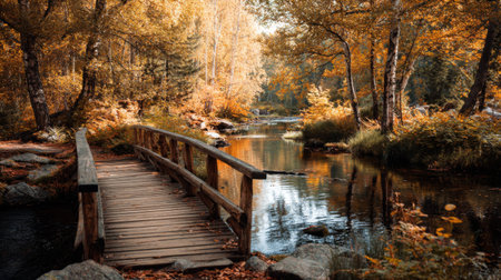 A stunning autumn scene featuring a wooden bridge spanning a calm river, surrounded by vibrant fall foliage. This peaceful landscape captures the essence of nature's beauty.の素材