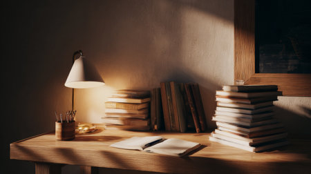 A serene workspace featuring a wooden desk adorned with stacked books, a lamp providing soft light, and an open notebook. This scene promotes creativity and comfort.の素材
