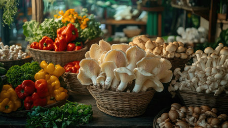 A vibrant display of fresh organic vegetables and mushrooms in woven baskets showcases the beauty of nature's bounty in a local market setting.の素材