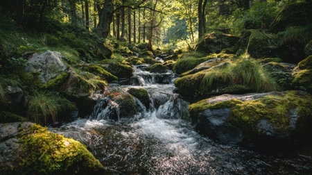 Experience the serene beauty of a forest stream gently flowing over moss-covered rocks, illuminated by dappled sunlight and surrounded by vibrant greenery.の素材