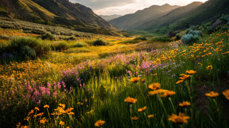 A breathtaking landscape showcasing a vibrant meadow filled with colorful wildflowers under a warm sunset, set against a stunning mountainous backdrop.の素材