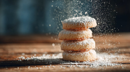 A close-up of four delectable shortbread cookies dusted with powdered sugar, creating a visually appealing dessert arrangement on a rustic wooden table.の素材