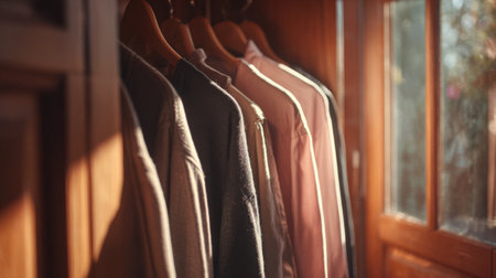 This image captures a cozy wardrobe with stylish shirts and jackets artfully hanging. Natural light filters in, creating a warm atmosphere of home and comfort.の素材