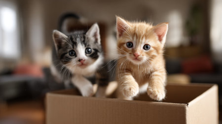 Two playful kittens, one orange and one gray, leap out of a cardboard box in a warm and inviting living room, showcasing their mischievous nature and adorable charm.の素材