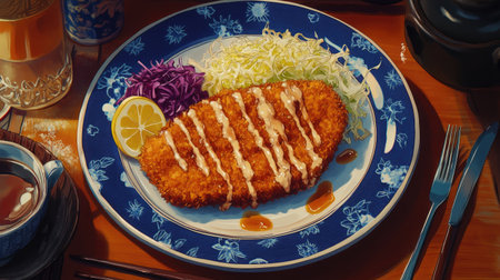 A beautifully presented fried cutlet served on a decorative plate with fresh vegetables and lemon. Perfect for showcasing culinary delights in a dining or food setting.の素材