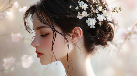 A graceful young woman elegantly adorned with blossoms in her hair. This serene portrait captures beauty, softness, and a touch of nature, perfect for artistic and romantic themes.の素材