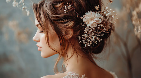 A serene portrait of a woman adorned with a delicate floral hairstyle, capturing elegance and beauty in a soft, artistic setting.の素材