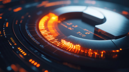 This image features a futuristic interface design with glowing orange elements and intricate patterns. Ideal for technology or innovation projects.の素材