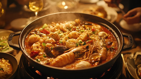 A vibrant and aromatic seafood paella served hot, showcasing a variety of fresh ingredients and flavors. Perfect for gatherings and special occasions.の素材