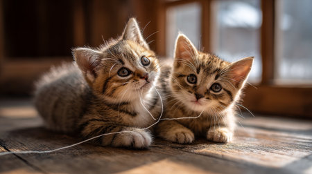 Two charming kittens lie together on a wooden floor, their playful curiosity evident as they explore their surroundings in a warm, inviting indoor space.の素材