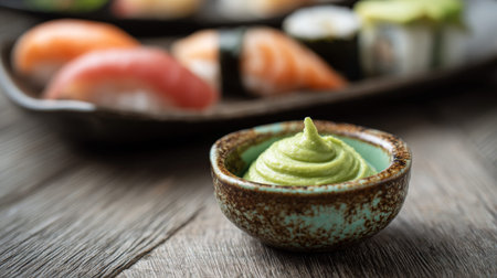 A vibrant green wasabi paste elegantly presented in a rustic bowl, surrounded by an array of colorful sushi rolls on a wooden table, perfect for culinary enjoyment.の素材
