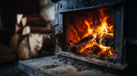A warm and inviting view of a fireplace with dancing flames and wood logs, creating a cozy atmosphere ideal for winter gatherings and moments of relaxation.の素材