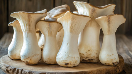 A beautiful display of fresh mushrooms on a wooden board, showcasing their unique shapes and colors, perfect for culinary inspiration and healthy recipes.の素材