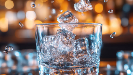 Dynamic image of ice cubes splashing into a clear glass, creating a refreshing vibe perfect for beverage and bar themes. Ideal for showcasing cool drinks.の素材