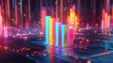 Vibrant and dynamic bar graphs visualizing data trends in a technological setting. Perfect for illustrating analytics, finance, or business progress.の素材