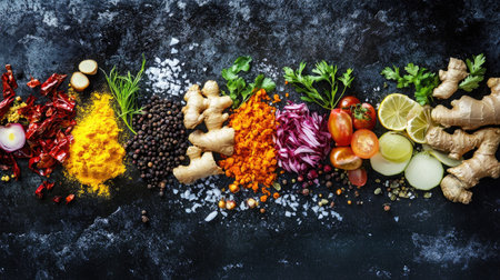 A vibrant assortment of fresh spices and ingredients, showcasing the rich colors and textures of vegetables, herbs, and spices ideal for culinary creations.の素材