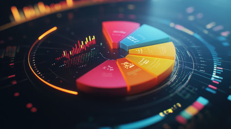Vibrant circular data visualization showcasing analytics through colorful segments. Ideal for business, technology, and marketing themes.の素材