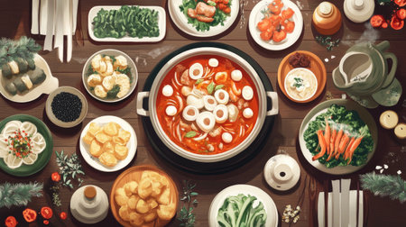 A vibrant hot pot feast showcasing an array of fresh ingredients and beautiful dishes arranged on a rustic table, perfect for a festive gathering.の素材