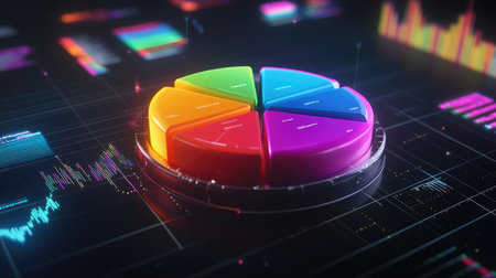 Vibrant pie chart on a digital backdrop showcasing data visualization elements, perfect for business analytics, marketing, and statistical presentations.の素材