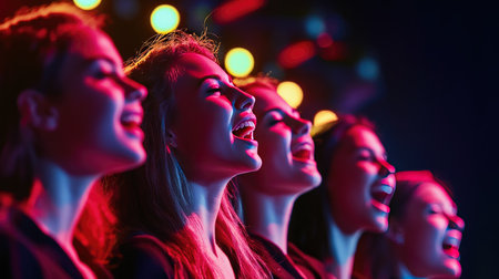 A vibrant image of joyful singers performing under colorful stage lights. The scene captures the energy and emotion of live music, celebrating talent and creativity.の素材