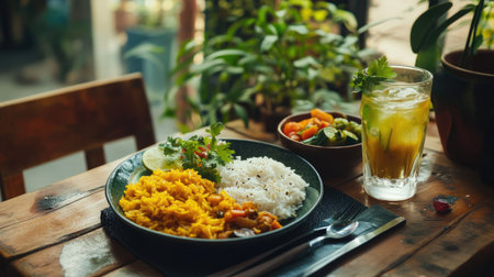 A vibrant plate featuring yellow rice, fresh vegetables, and a refreshing drink. Perfect for showcasing delicious and healthy meal options in a natural setting.の素材
