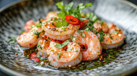 A vibrant plate of shrimp garnished with fresh herbs and spices, showcasing a delicious culinary experience perfect for seafood lovers and gourmet dining.の素材