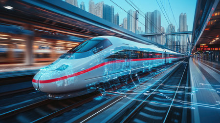 Dynamic image of a high-speed train in an urban setting, showcasing the fusion of technology and transport with digital graphics and vibrant city lights.の素材