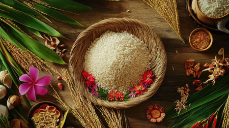 A beautifully arranged bowl of fresh rice surrounded by tropical elements. Ideal for food, culinary, or agriculture-themed projects.の素材