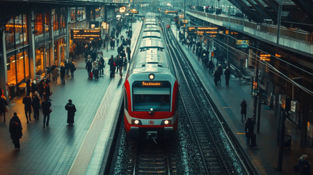 A vibrant train station bustling with commuters as a red train approaches. The scene captures the essence of urban travel and connectivity.の素材