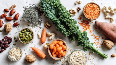 A vibrant arrangement of fresh vegetables, lentils, nuts, and grains showcases healthy cooking options. Perfect for inspiration in meal preparation and nutrition.の素材