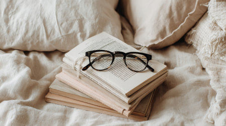 A serene arrangement of stacked books with stylish reading glasses on a soft bed, inviting moments of relaxation and a love for literature in a cozy space.の素材