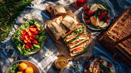 A vibrant picnic scene featuring delicious sandwiches, fresh salads, and a variety of fruits laid out on a cozy blanket, perfect for outdoor gatherings.の素材
