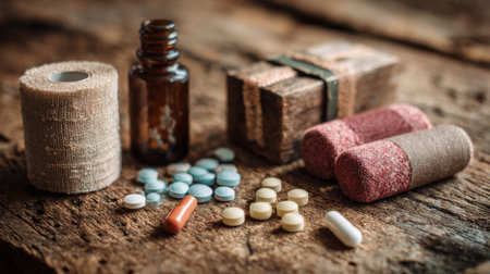 A captivating arrangement of vintage medicine bottles, assorted tablets, bandages, and pill packages on a rustic wooden surface, embodying themes of health and wellness.の素材