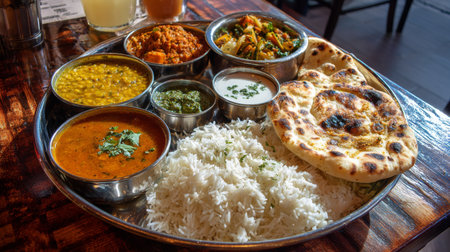 A vibrant Indian cuisine platter showcasing a variety of dishes including rice, naan, curries, and vegetables, perfect for food enthusiasts and sharing.の素材