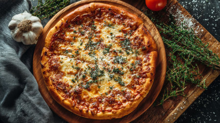 A mouthwatering freshly baked pizza topped with melted cheese and herbs, placed on a rustic wooden board. Perfect for showcasing culinary delights and food art.の素材