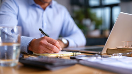 A focused man writes notes in a notebook while seated at a modern desk. His laptop and office supplies showcase a productive workspace that inspires creativity and organization.の素材