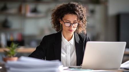 A professional businesswoman is focused on her laptop in a modern office setting. The desk features papers and a green plant, emphasizing a productive atmosphere.の素材
