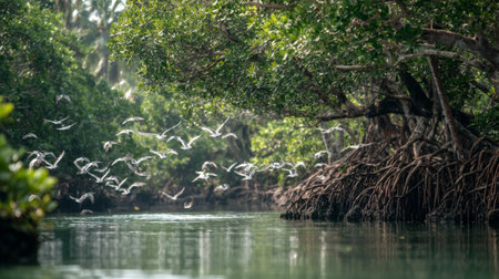 A captivating scene of birds taking flight over calm waters in a tropical mangrove forest, showcasing lush greenery and the beauty of nature's serene environment.の素材