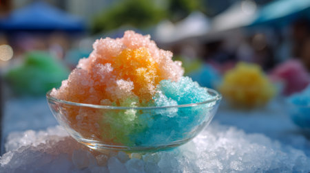 A vibrant snow cone served in a glass bowl captures the essence of summer festivities, offering a sweet, colorful treat perfect for hot days and outdoor gatherings.の素材