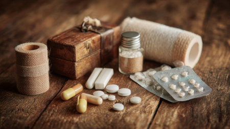 A visually appealing arrangement of various medical supplies including pills, bandages, and a vintage wooden box set on a rustic wooden table, illuminated by soft natural light.の素材