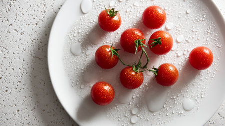 A close-up view of fresh red tomatoes on a white plate featuring water drops, highlighting the vibrant colors and inviting textures suitable for healthy dishes.の素材