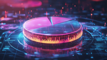 A vibrant digital pie chart with glowing effects, set against a high-tech background. Perfect for representing data analysis, statistics, and insights in modern business visuals.の素材
