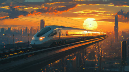 A sleek modern train travels at high speed against a vibrant sunset, highlighting the contrast between advanced technology and urban beauty.の素材