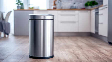 A sleek stainless steel trash bin stands prominently in a bright, modern kitchen, highlighting the importance of cleanliness and organization in home living spaces.の素材
