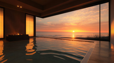 A tranquil luxury spa with a stunning sunset view over the ocean. The serene setting invites relaxation and wellness, perfect for rejuvenation and calm.の素材