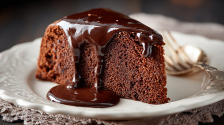 A delightful chocolate cake slice topped with luscious ganache evokes scrumptious indulgence, perfect for any dessert lover in an inviting dining setting.の素材