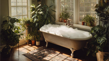 A serene bathroom setting featuring a vintage bathtub filled with bubbles, surrounded by vibrant green plants, inviting natural light, and a calm atmosphere.の素材